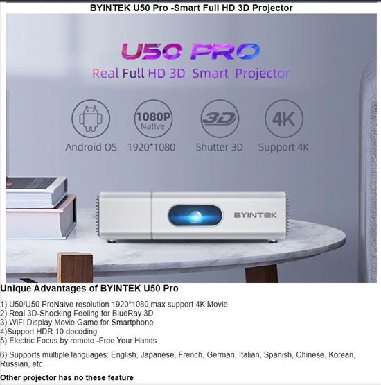 תמונה 3 ,BYINTEK U50 Pro -Smart Full HD למכירה בפרדס חנה-כרכור מוצרי חשמל  מקרן