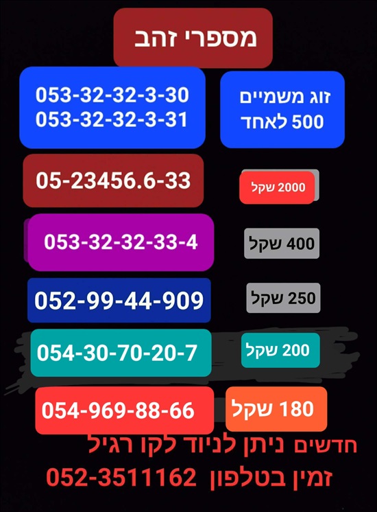 תמונה 6 ,מספרי זהב  למכירה בתל אביב סלולרי  מספרי זהב