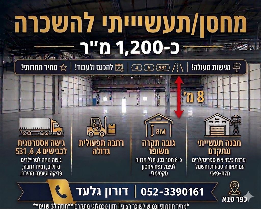 תמונה 1, מחסנים להשכרה, מבנה לאחסנה ותעשייה משובח כ1200 מר מרכז כפר סבא