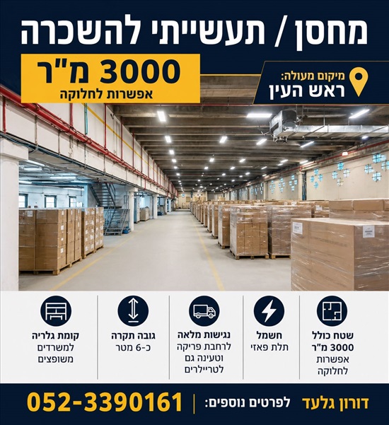 תמונה 1 ,מחסנים להשכרה, מחסן מסודר עם נגישות כ3000 מר  חוצות אפק ראש העין