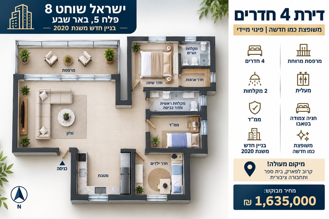 תמונה 1, דירה 4 חדרים למכירה בבאר שבע, שוחט ישראל, פלח 5