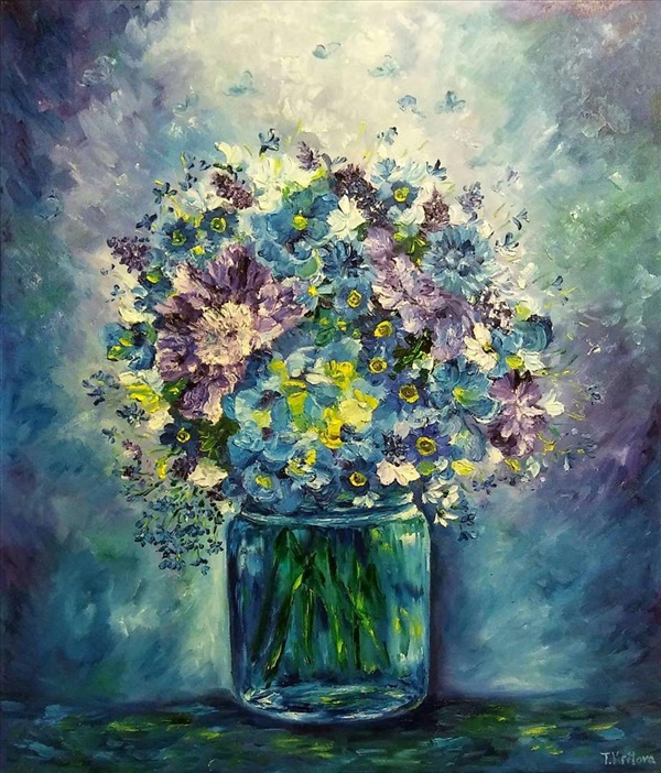 תמונה 1 ,פרחים כחולים.שמן בד.מקורי למכירה בנתניה אומנות  ציורים