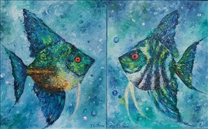 2 ציורים דגים.שמן על קנבס 