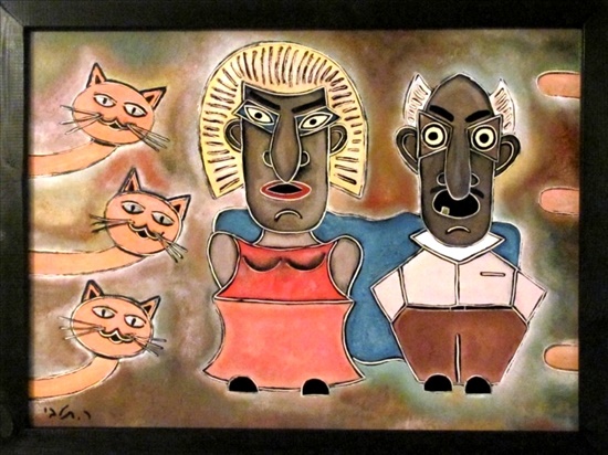 תמונה 1 ,ציור שמן מקורי זוג ושלושה חתול למכירה בראש העין אומנות  ציורים