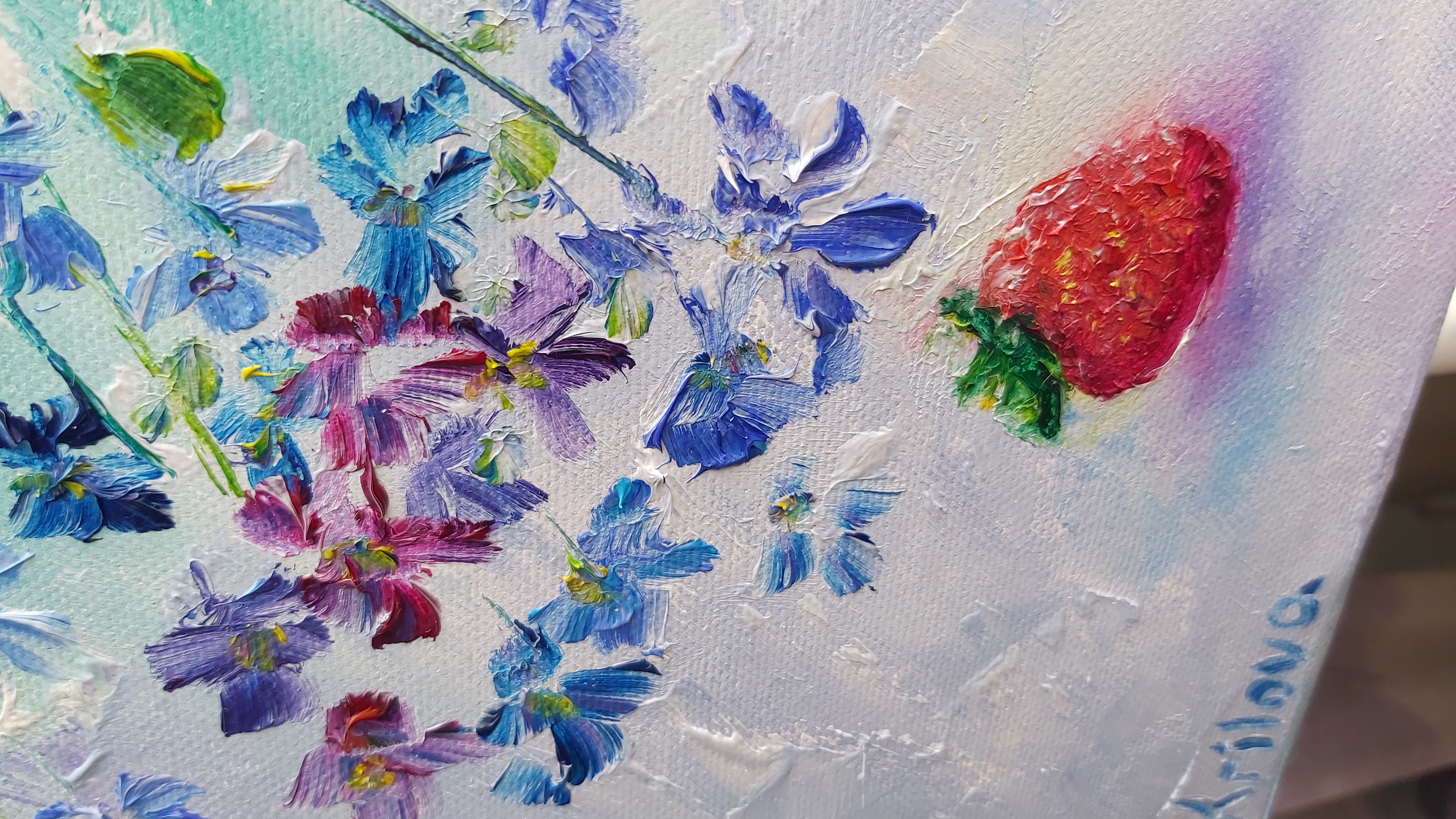 תמונה 3 ,ציור פרחים כחולים.שמן על קנבס למכירה בנתניה אומנות  ציור