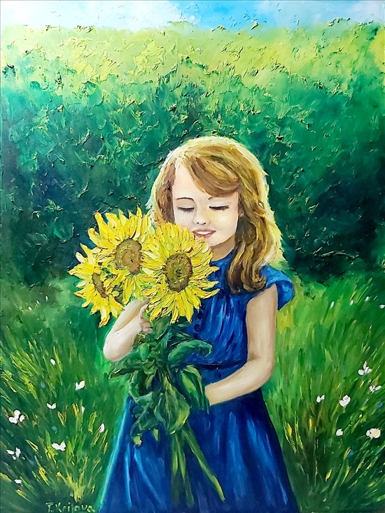 תמונה 1 ,ילדה עם פרחים למכירה בנתניה אומנות  ציור