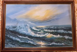 ציור שמן על בד נוף גלים בים 