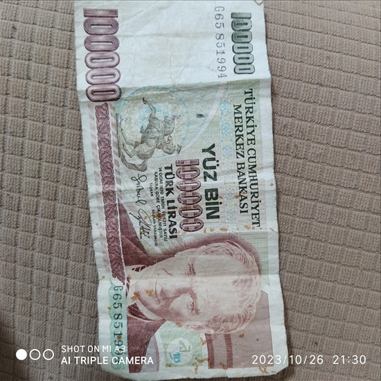 תמונה 1 ,100000 לירה טורקית למכירה בכרמיאל אספנות  מטבעות ושטרות