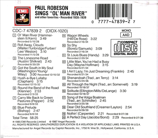 תמונה 2 ,Paul Robeson sings Ol Man Rive למכירה ברמת השרון אספנות  תקליטים ודיסקים