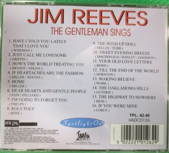תמונה 2 ,Jim  Reeves The Gentleman Sing למכירה ברמת השרון אספנות  תקליטים ודיסקים