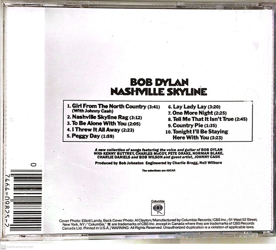 תמונה 2 ,Bob Dylan Nashville Skyline למכירה ברמת השרון אספנות  תקליטים ודיסקים