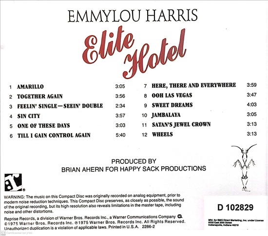 תמונה 2 ,Emmylou Harris Elite Hotel למכירה ברמת השרון אספנות  תקליטים ודיסקים