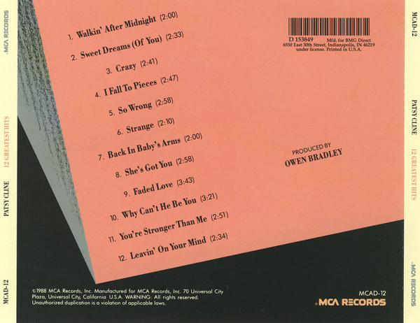 תמונה 2 ,Patsy Cline 12 Greatest Hits למכירה ברמת השרון אספנות  תקליטים ודיסקים