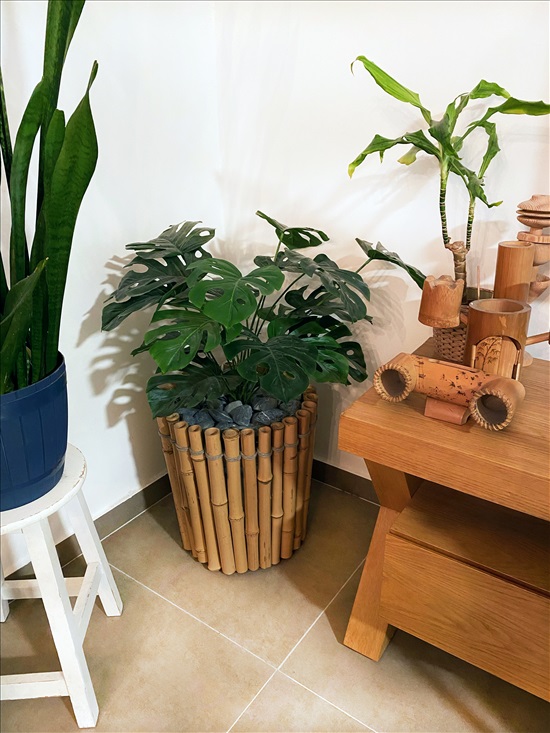 תמונה 2 ,כלי במבוק טבעי עם עציץ מלאכותי למכירה בתל אביב לגינה  צמחיה מלאכותית