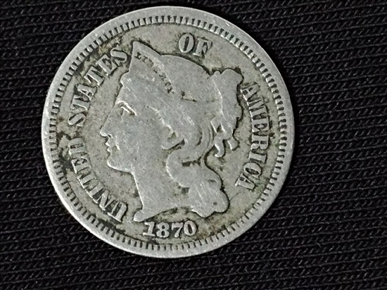 תמונה 1 ,ארה"ב 3 סנט, 1870 שלושה סנט למכירה בחולון אספנות  מטבעות ושטרות
